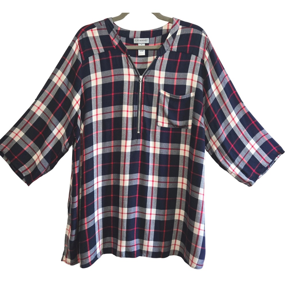 Catherines Women 1X Plaid Half Zip Tunic Top Navy Blue Red 3/4 Sleeve Brushed